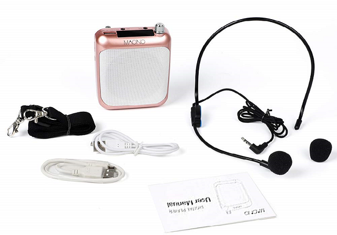 Voice Amplifier MAONO C01 can play music and receive input at the same time so you can use it as a mini karaoke set.