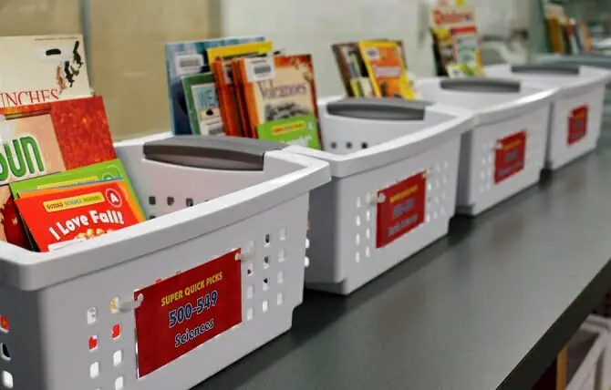 Book bins with labels