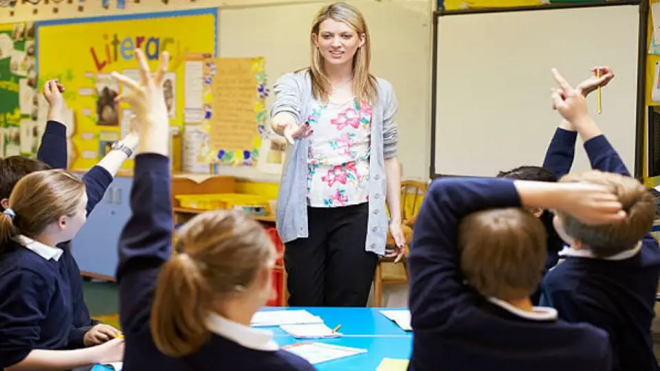 teacher pointing students with raised hands