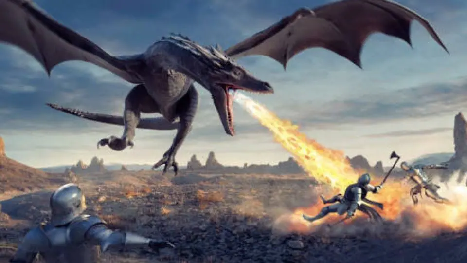 dragon breathing fire flying low attacking knights