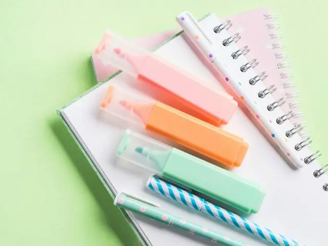 notebook highlighters and pens for school