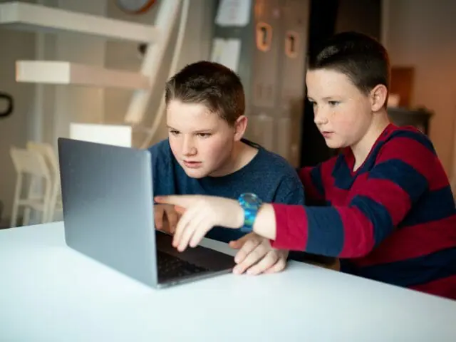 brothers using laptop doing research