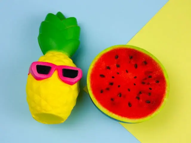 pineapple with sunglass toy and squishy watermelon toy