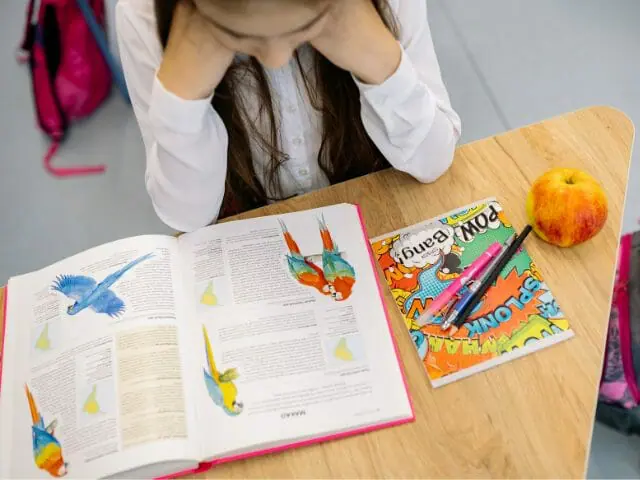 student reading book about birds